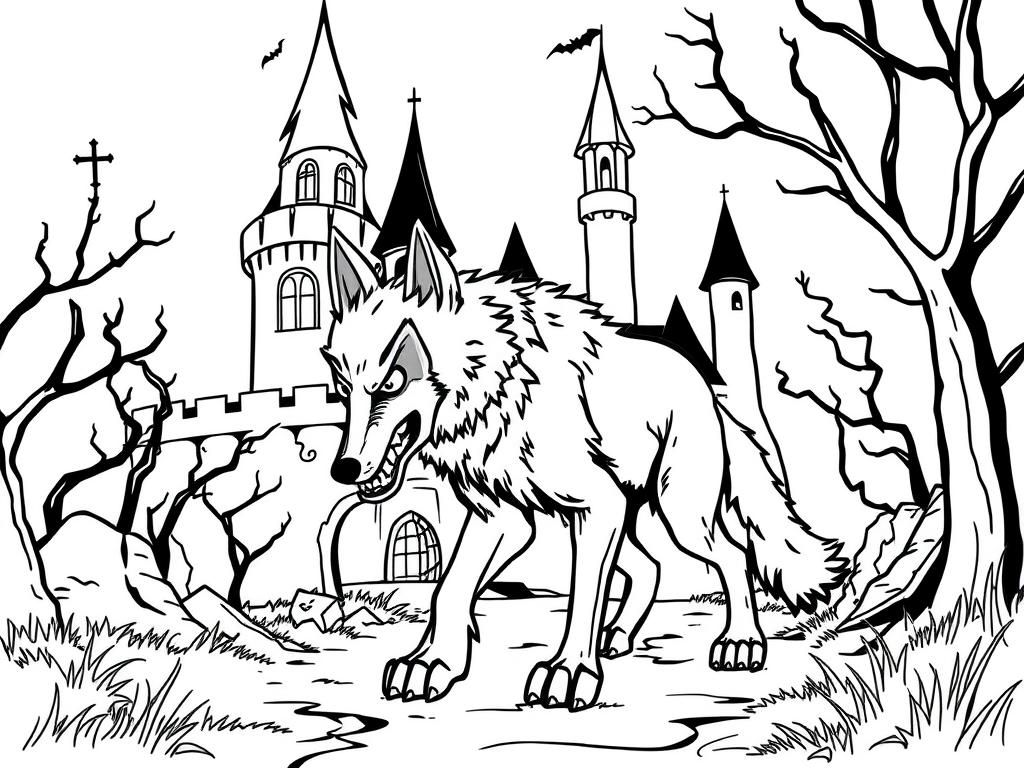 Anthropromorphic wolf is afraid, while walking through a spooky castle.