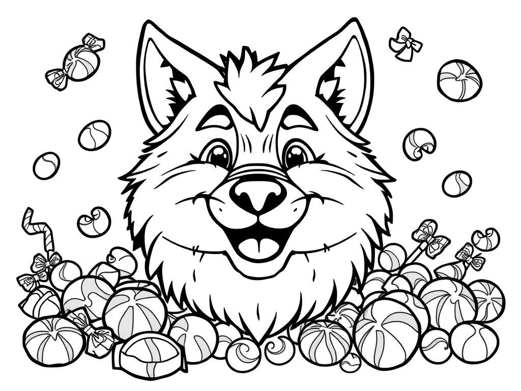 Anthropromorphic wolf is happy surrounded by candies