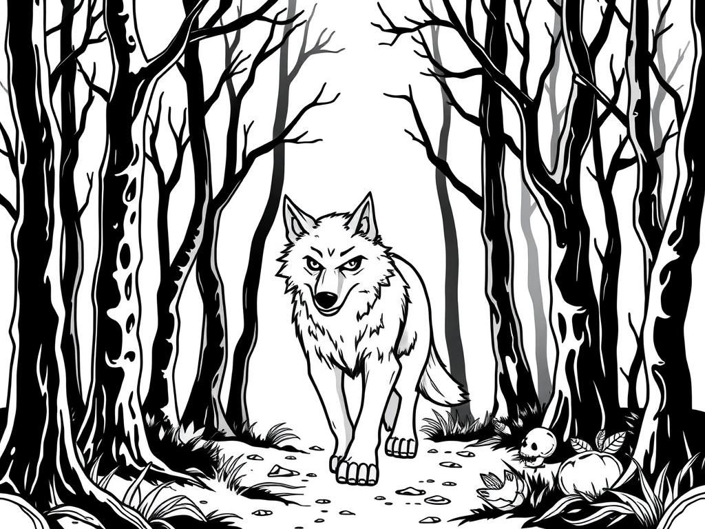 Anthropromorphic wolf is nervous walking through a spooky haunted forest