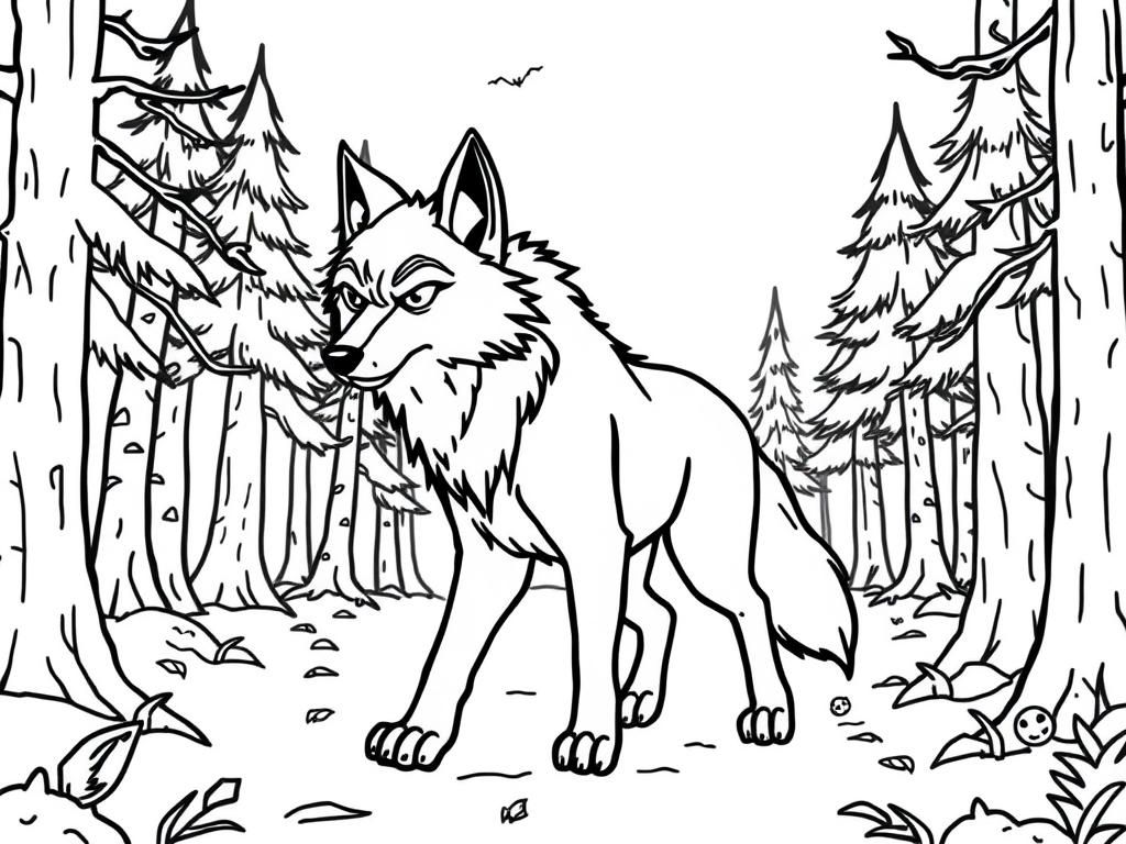 Anthropromorphic wolf is nervous while walking through a spooky forest