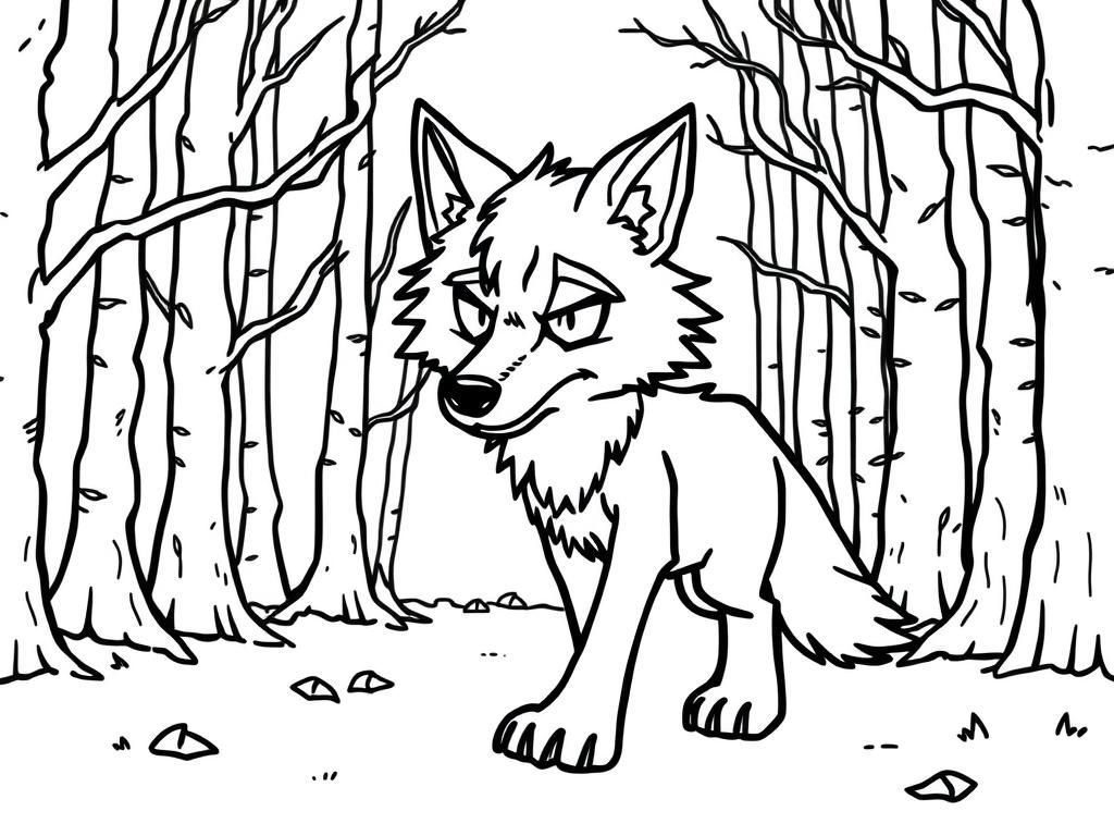 Anthropromorphic wolf is nervous while walking through a spooky forest