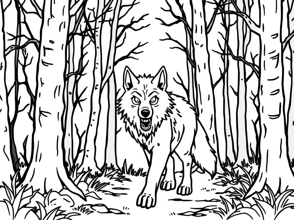 Anthropromorphic wolf is scared walking through a spooky haunted forest