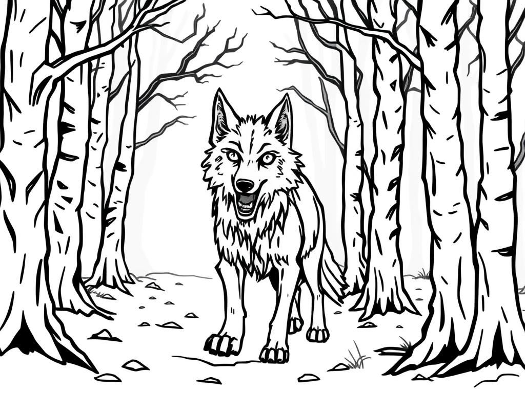 Anthropromorphic wolf is scared walking through a spooky haunted forest