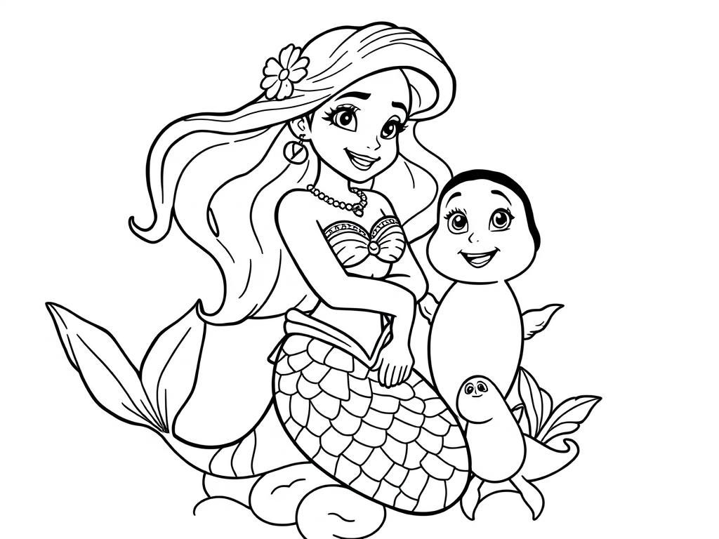 Mermaid and Penguin Friends Coloring Page