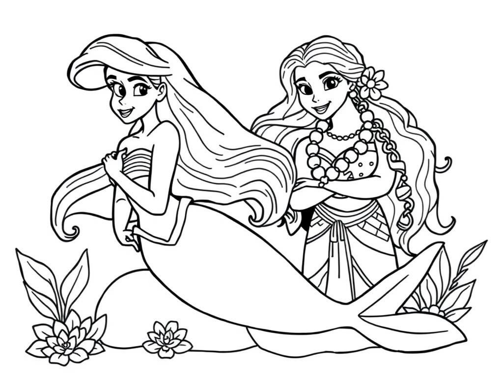 Ariel and Moana Friends Coloring Page