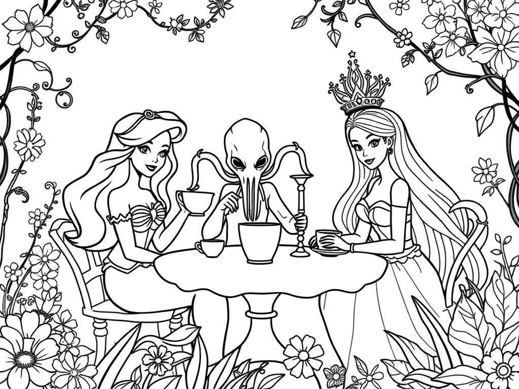 Ariel, Barbie, and Cthulhu have a tea party in an enchanted garden.