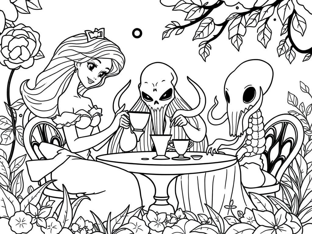 Ariel, Hatsune Miku, and Cthulhu have a tea party in an enchanted garden.