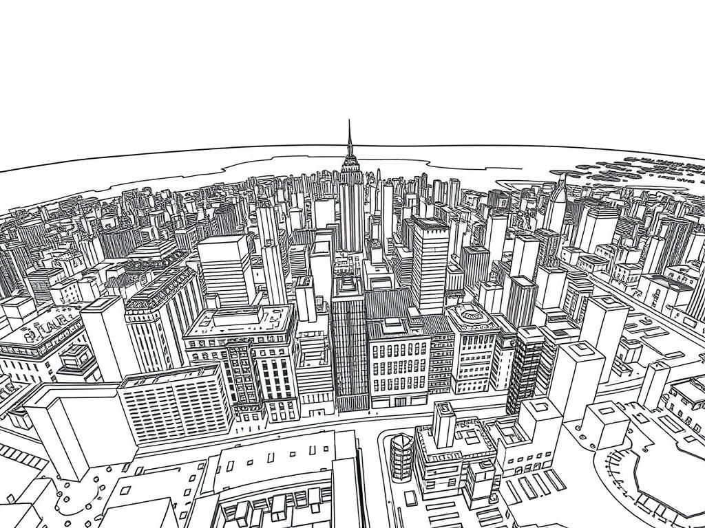 Ariel perspective view of large city with lots of detail - Free Printable Coloring Page