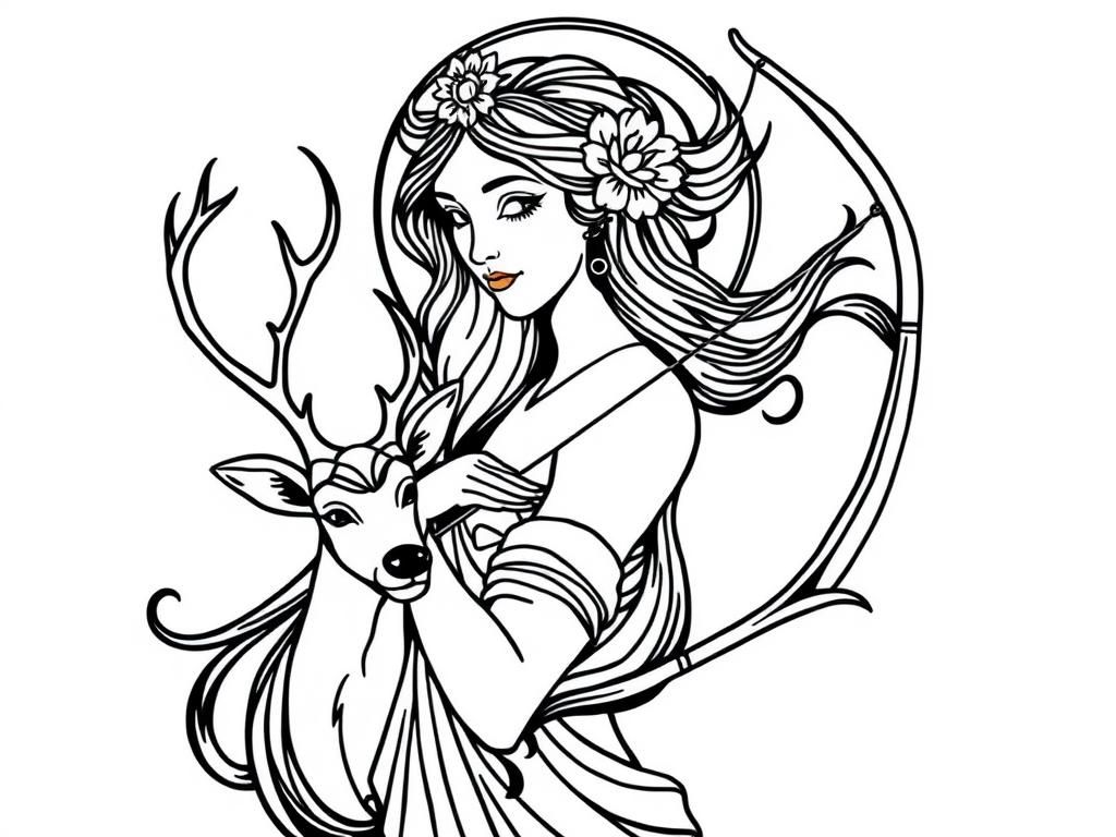 Coloring Page of a Woman and a Deer for Kids