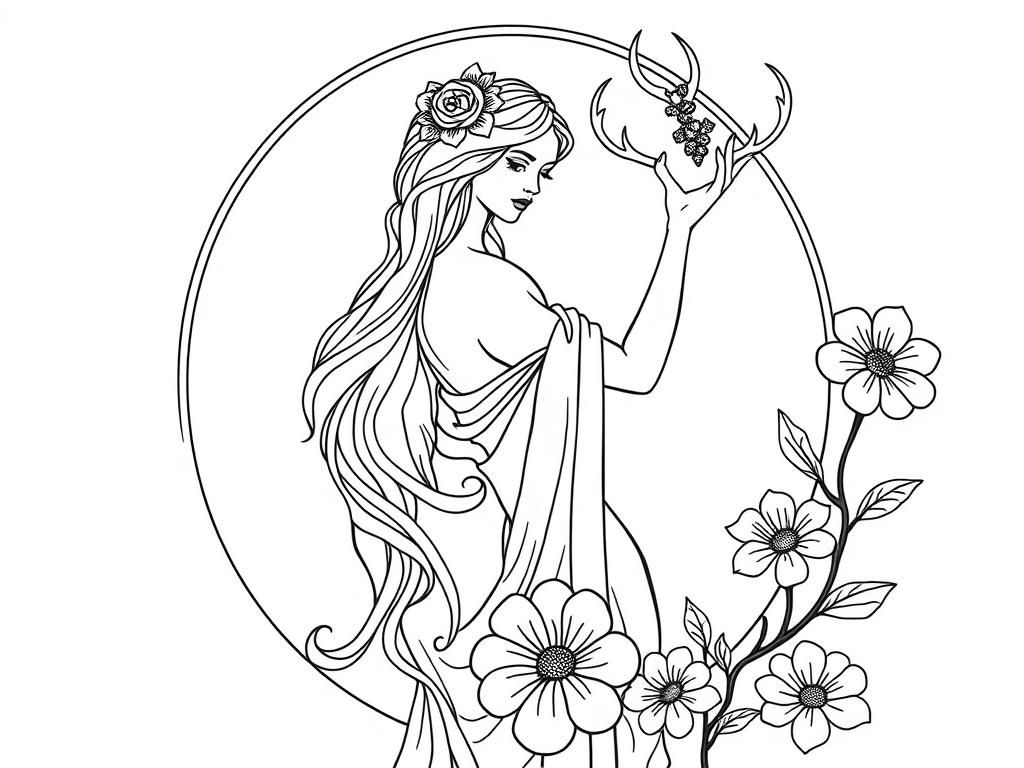 Preview of Art nouveau goddess with bow and deer in a frame without flowers