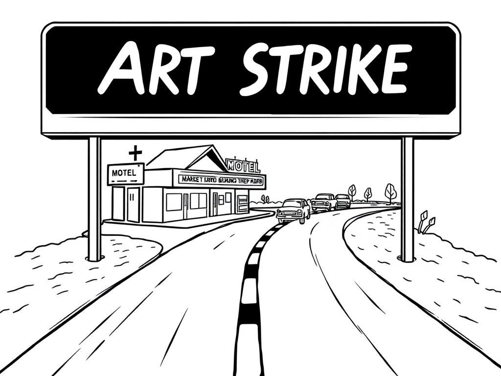 Preview of ART STRIKE written on-road-panel with-motel-and-cars