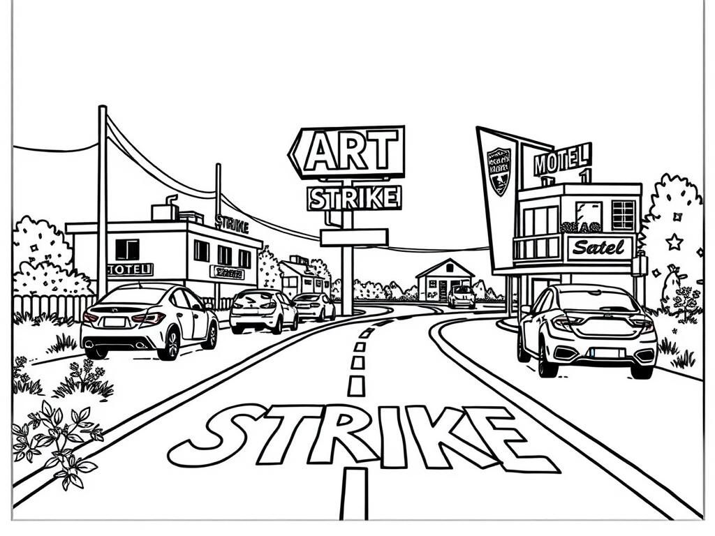 Preview of ART STRIKE written on-road-panel with-motel-cars and  a few Cichorium intybus