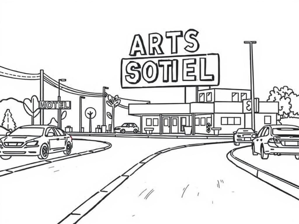 Preview of artstrike-written-on-road-panel-with-motel-and-cars