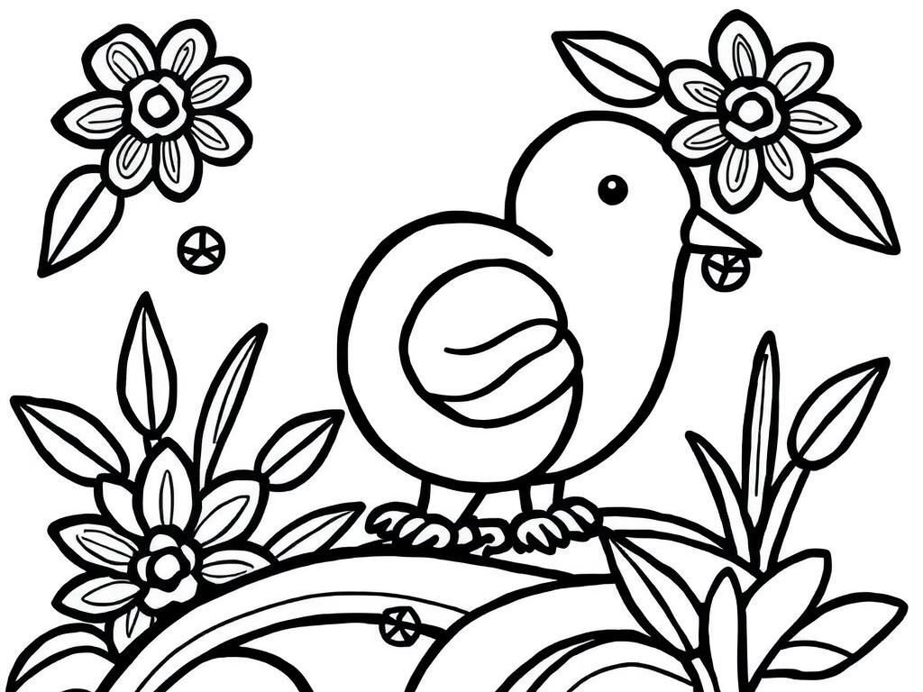 Coloring Page of a Bird in a Garden