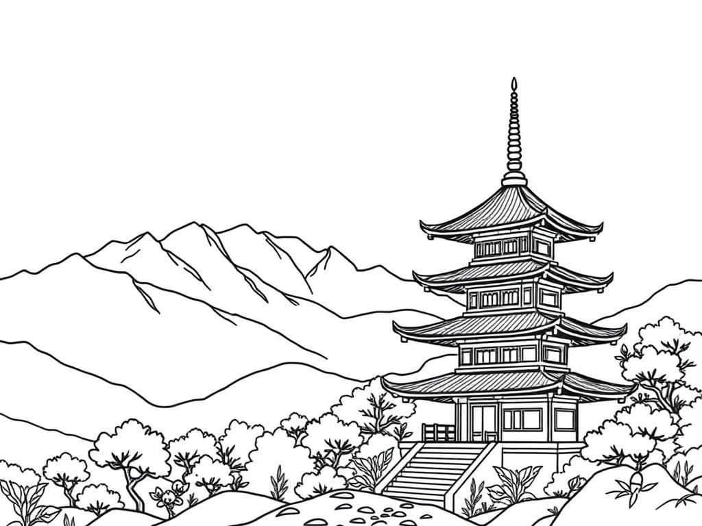 Preview of asian landscape with pagoda and big mountains in the background