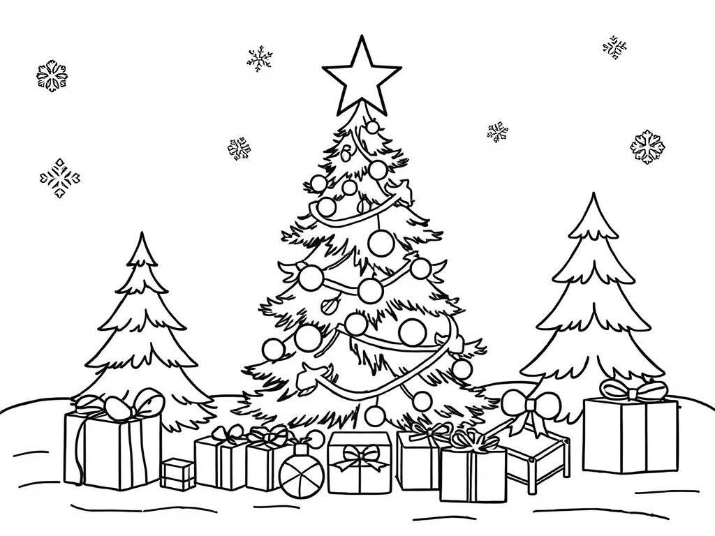 Christmas Tree and Presents Coloring Page