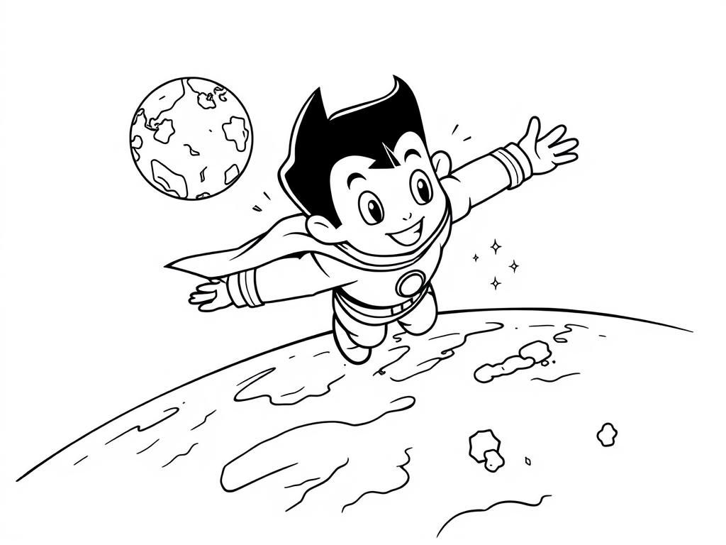 Astronaut Boy Flying Over Moon Coloring Page