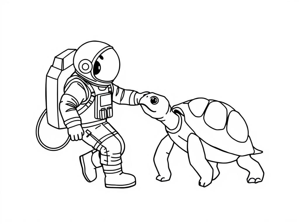 Astronaut and Turtle Coloring Page