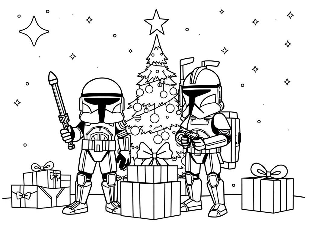 atar wars clones, clones Cody and Rex, christmas tree, gifts, stars, deathstar, - Free Printable Coloring Page