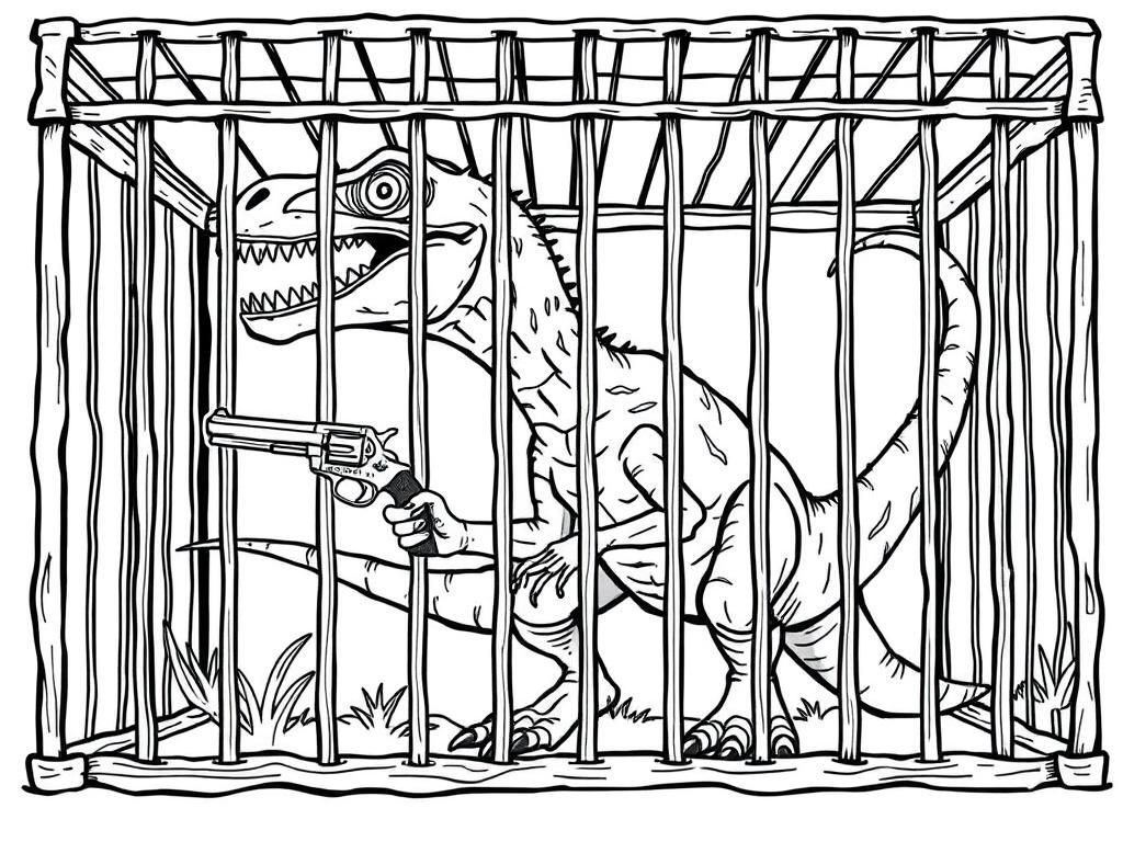 Dinosaur in Cage with Gun: Fun Coloring Page for Kids and Adults