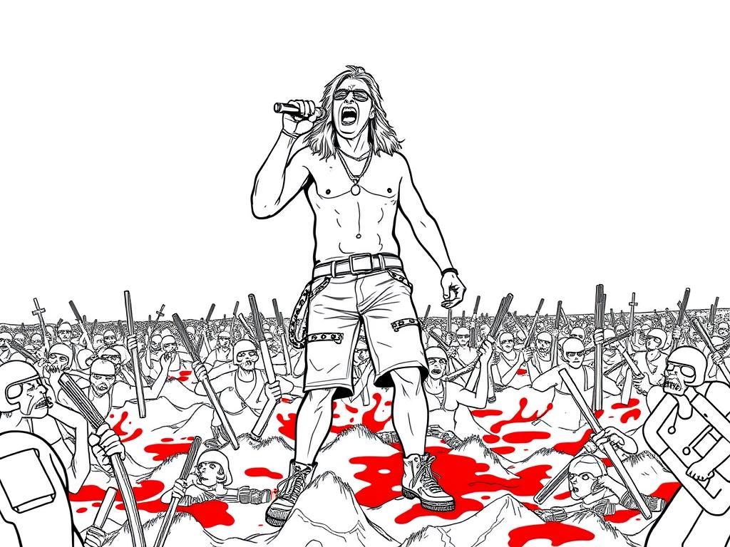 axl rose, the singer of guns n' roses, in shorts in the middle of a gory battlefield. He is a little bit elevated as if he's standing on a tiny hill and he's singing in his classic pose