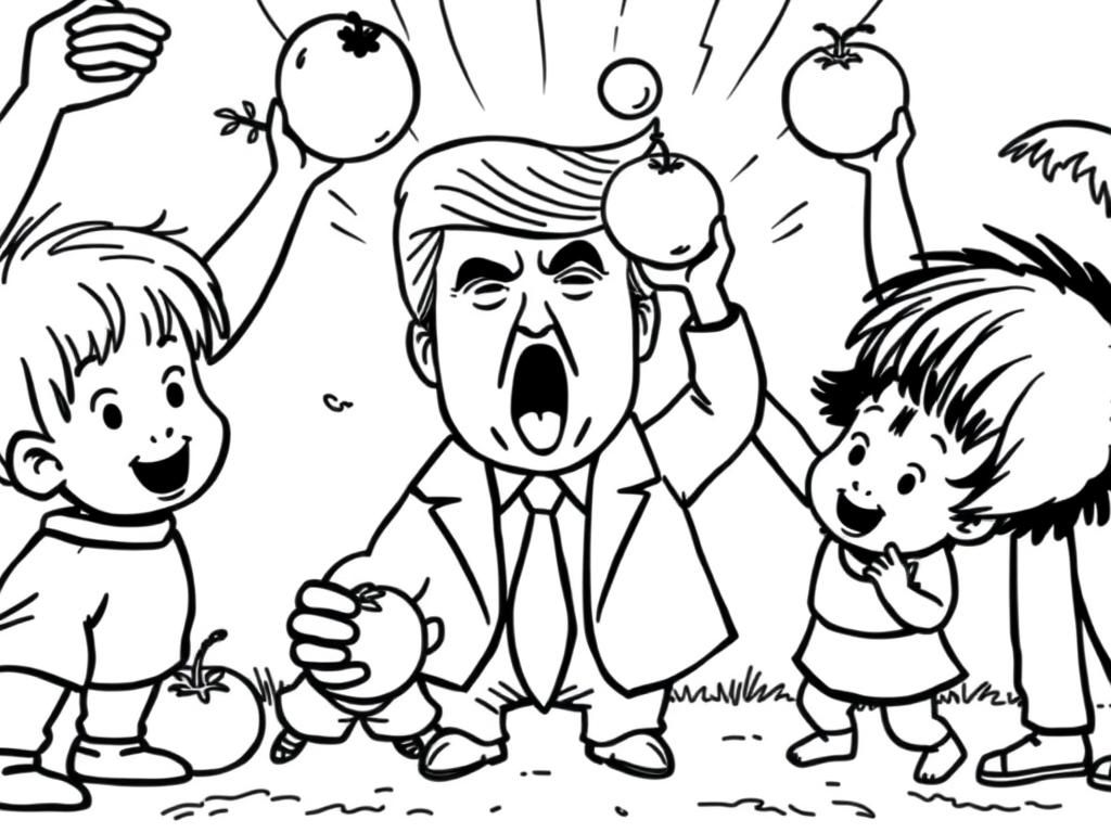 baby children throwing tomatoes at donald trump