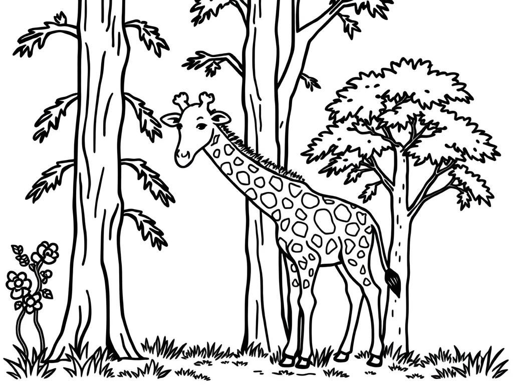 baby giraffe drinking next to tall tress - Free Printable Coloring Page