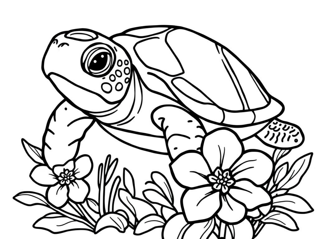 Turtle and Flower Coloring Page