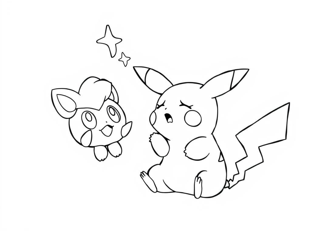 Preview of Baby Pikachu excitedly watching Jigglypuff sing, struggling to stay awake in this baby pikachu coloring pages idea