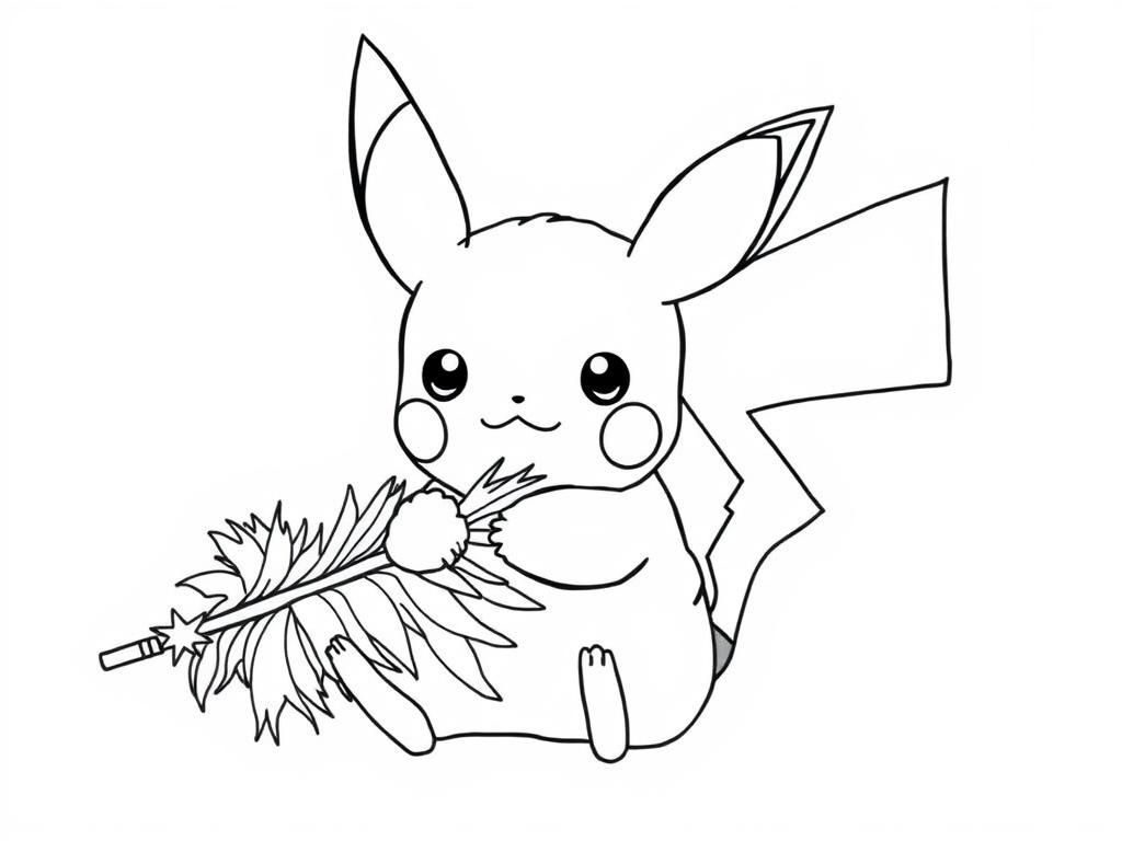 Preview of Baby Pikachu getting wrapped up in a long, soft Altaria feather, making for a fluffy baby pikachu coloring pages moment