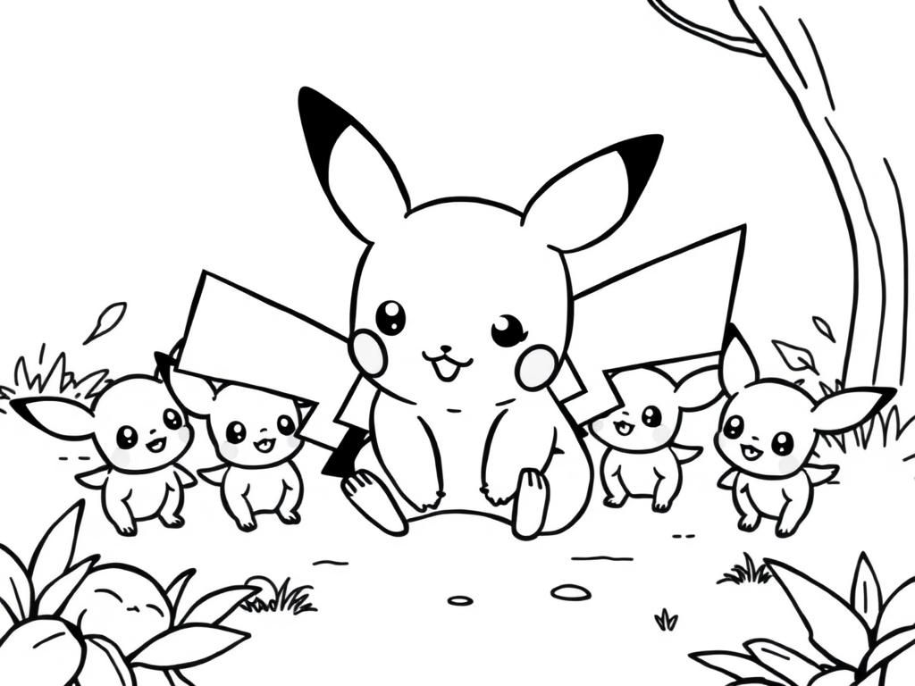 Preview of Baby Pikachu happily playing with a small group of Pichu in this fun baby pikachu coloring pages idea