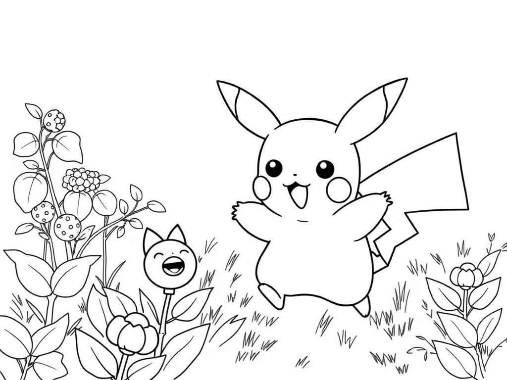 Preview of Baby Pikachu joyfully running through a field of Sitrus Berries with a tiny, smiling Bellossom, perfect for baby pikachu coloring pages