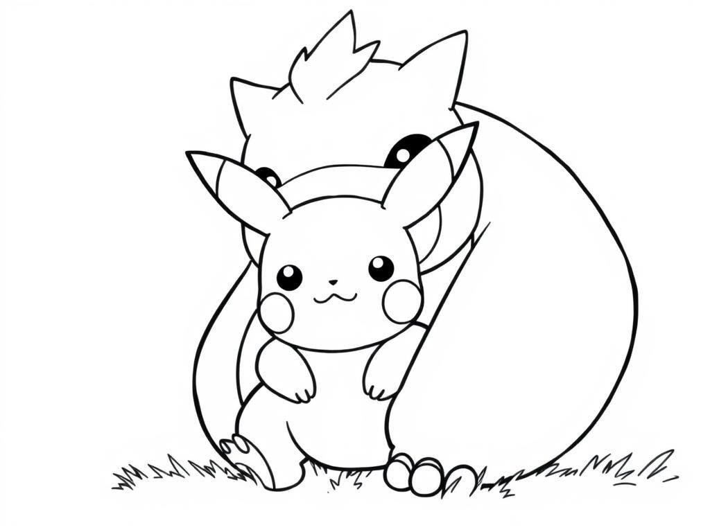 Preview of Baby Pikachu peeking out from behind a big Snorlax, making a cute baby pikachu coloring pages moment