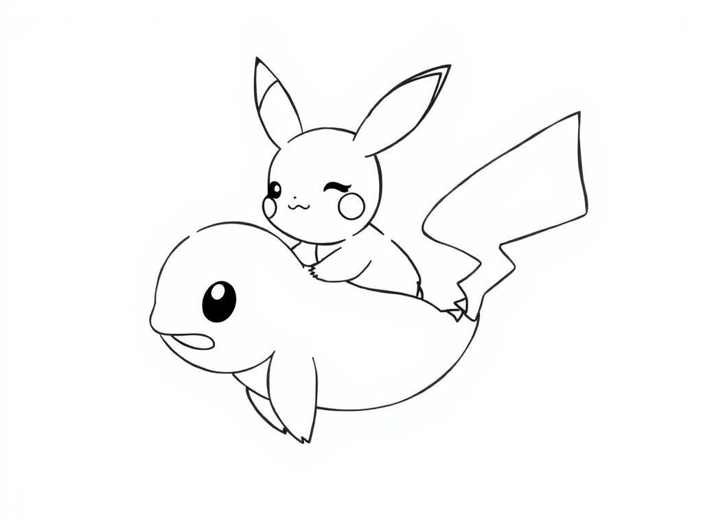 Preview of Baby Pikachu riding on the back of a gentle Butterfree, floating through the sky in this baby pikachu coloring pages idea