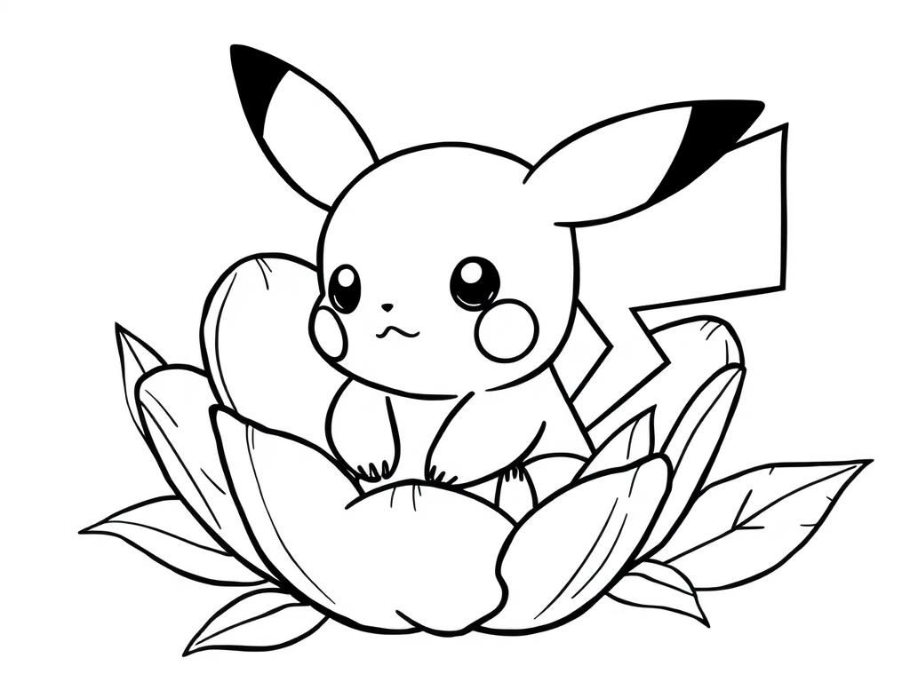 Preview of Baby Pikachu sitting inside a soft flower, looking curious, perfect for baby pikachu coloring pages.