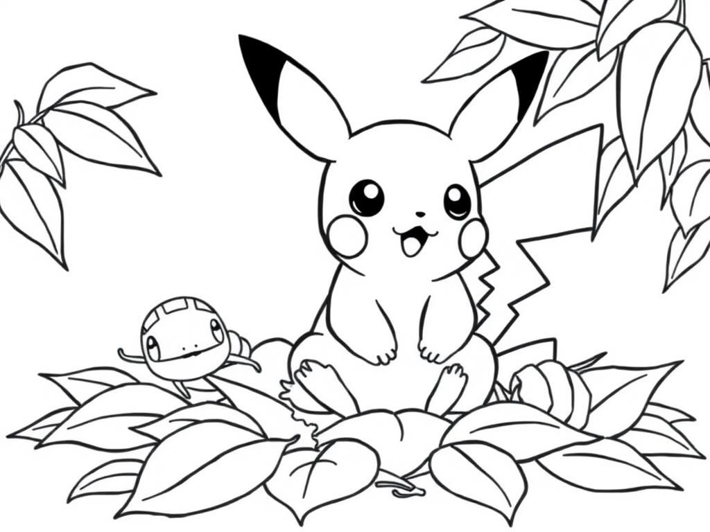 Preview of Baby Pikachu sitting on a soft bed of leaves while a friendly Caterpie crawls nearby, perfect for baby pikachu coloring pages