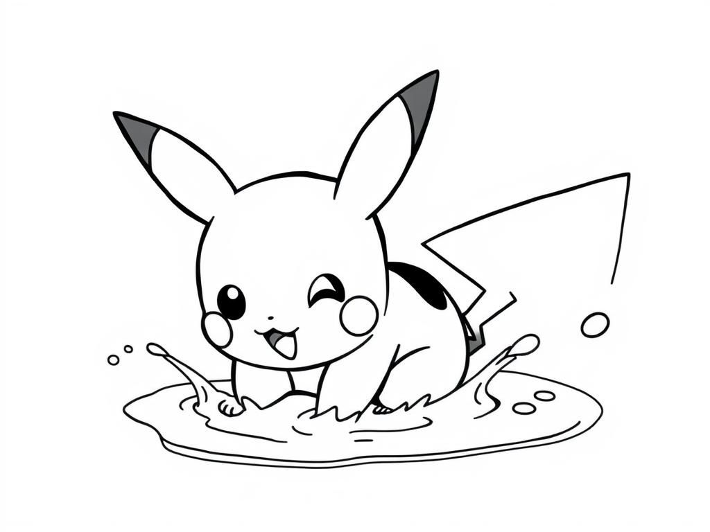 Preview of Baby Pikachu splashing in a small puddle with happy eyes, a fun baby pikachu coloring pages scene.