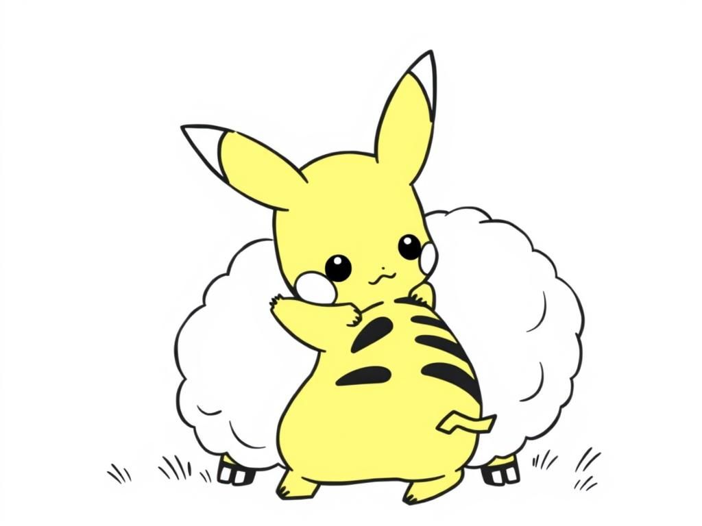 Preview of Baby Pikachu trying to climb onto a Wooloo’s fluffy back, a cute and easy baby pikachu coloring pages design