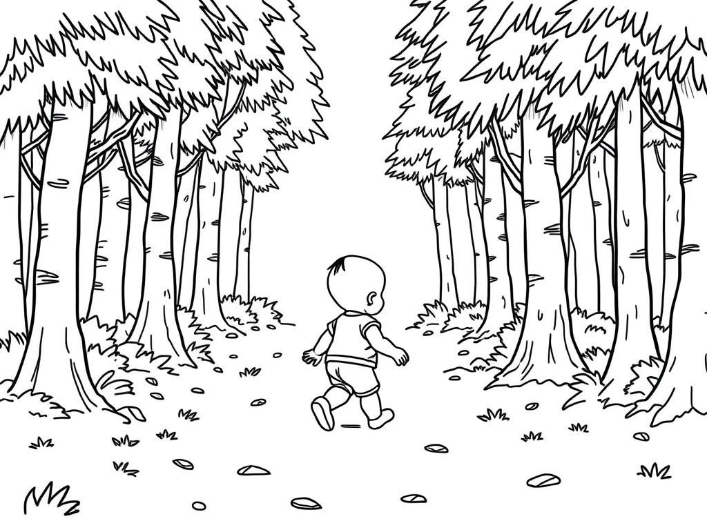 Boy Running in Forest Coloring Page