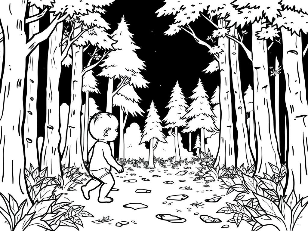 Night Forest with Little Boy Coloring Page