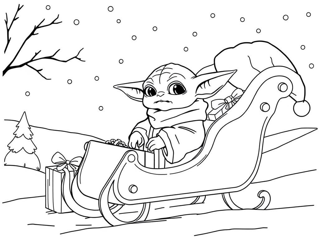 Yoda in Sleigh Christmas Coloring Page