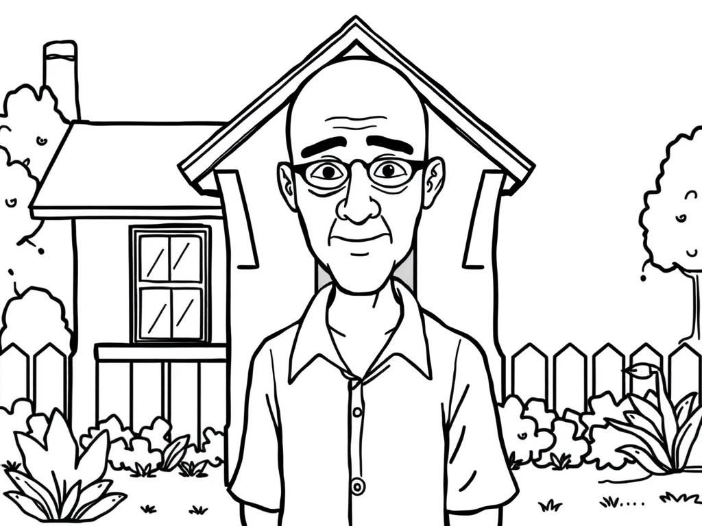 Bald man outside his house on a Monday afternoon