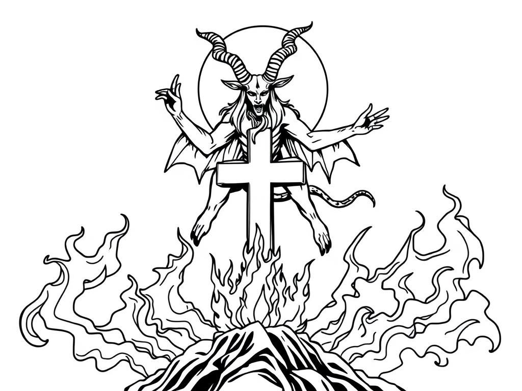 baphomet levitating above an upturned burning cross