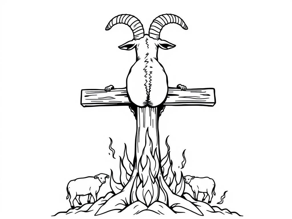 baphomet levitating above an upturned burning cross, plump cheeks on the "behind" bothering the livestock