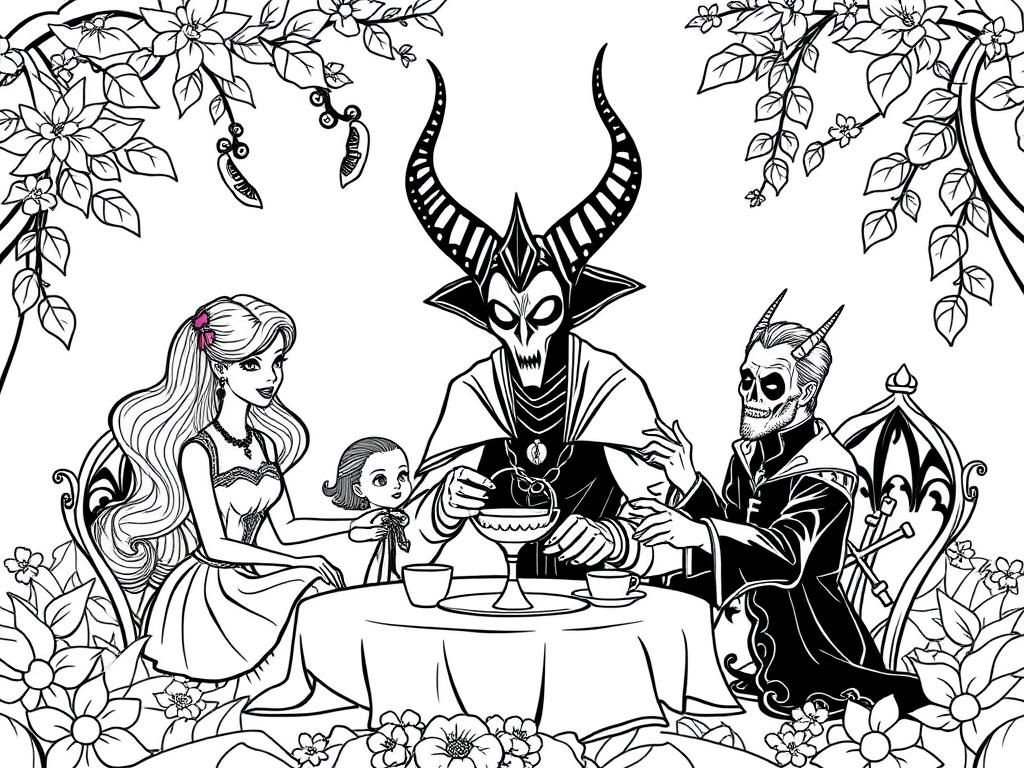 Barbie, Baby Baphomet, and Bruce Campbell have a tea party in an enchanted garden.