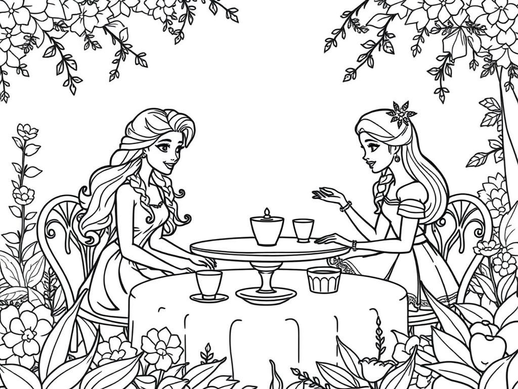 Barbie, Elsa, and Alice have a tea party in an enchanted garden.