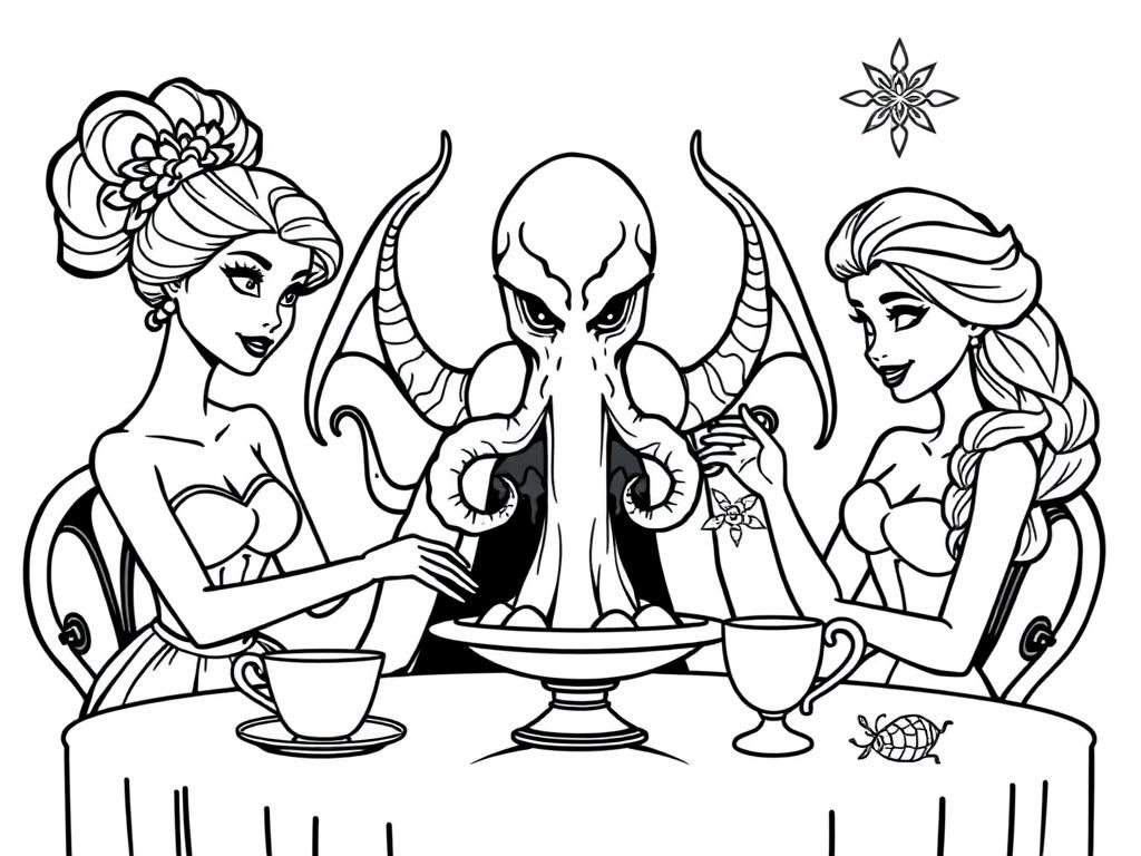 Preview of Barbie, Elsa, and Cthulhu have a tea party.