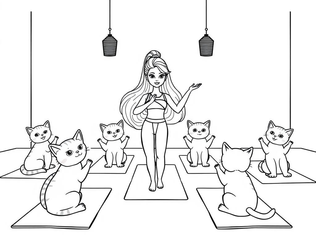 Barbie teaches a yoga class full of adorable kittens on yoga mats