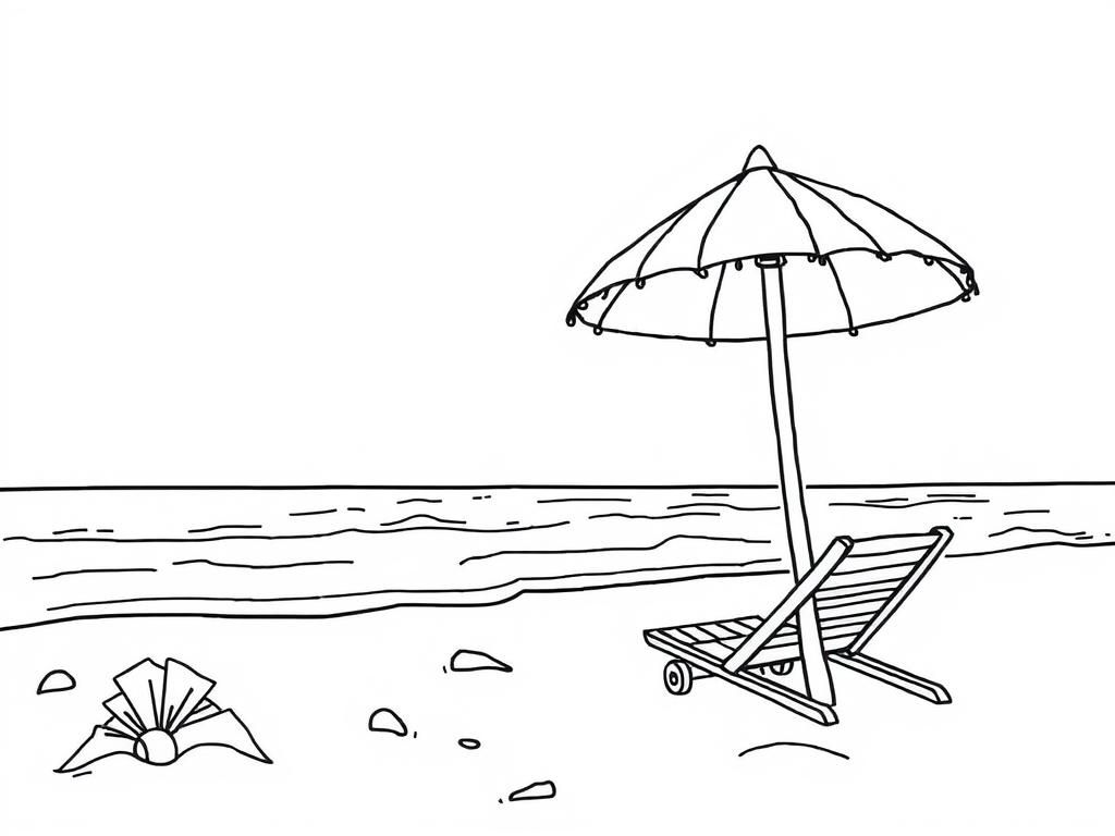 Beach Scene Coloring Page with Chair and Umbrella