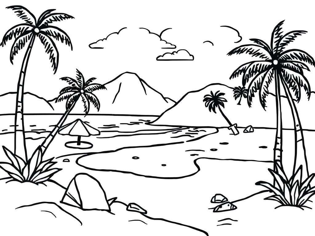 Tropical Beach Coloring Page